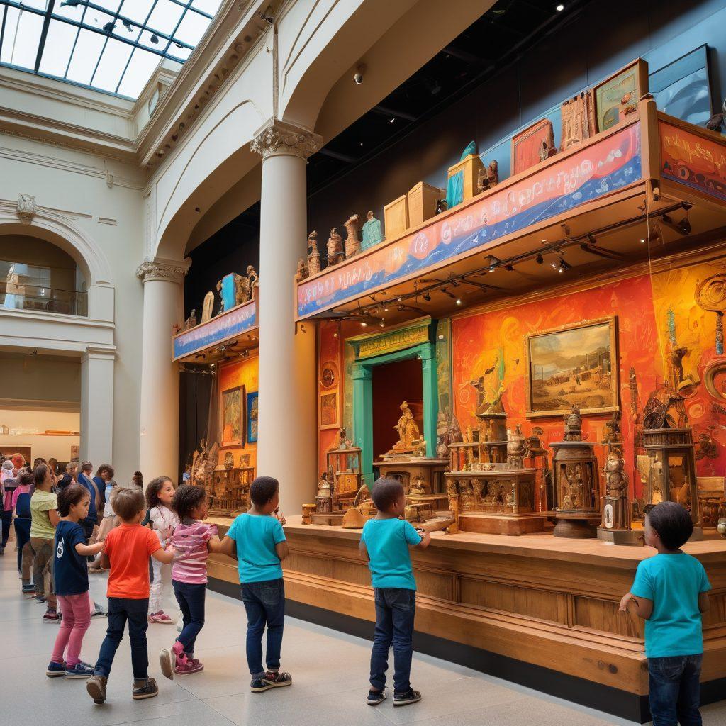 A lively museum scene filled with children and families engaging with colorful artifacts, interactive exhibits, and cheerful museum staff. Show diverse visitors enjoying hands-on activities, art installations, and storytelling corners that highlight community connections. Include vibrant banners promoting daily events and workshops, set against a backdrop of modern architecture. The atmosphere should radiate joy and curiosity. vibrant colors. super-realistic.