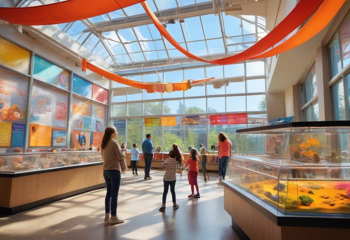 A vibrant scene depicting a family exploring a colorful, interactive science museum filled with engaging exhibits, children laughing, and hands-on activities. Bright banners showcasing fun facts are scattered throughout, and cheerful museum staff assist visitors. In the background, large windows reveal a sunny day outside. Highlight the joy and curiosity of learning in a playful, lively atmosphere. super-realistic. vibrant colors. bright background.